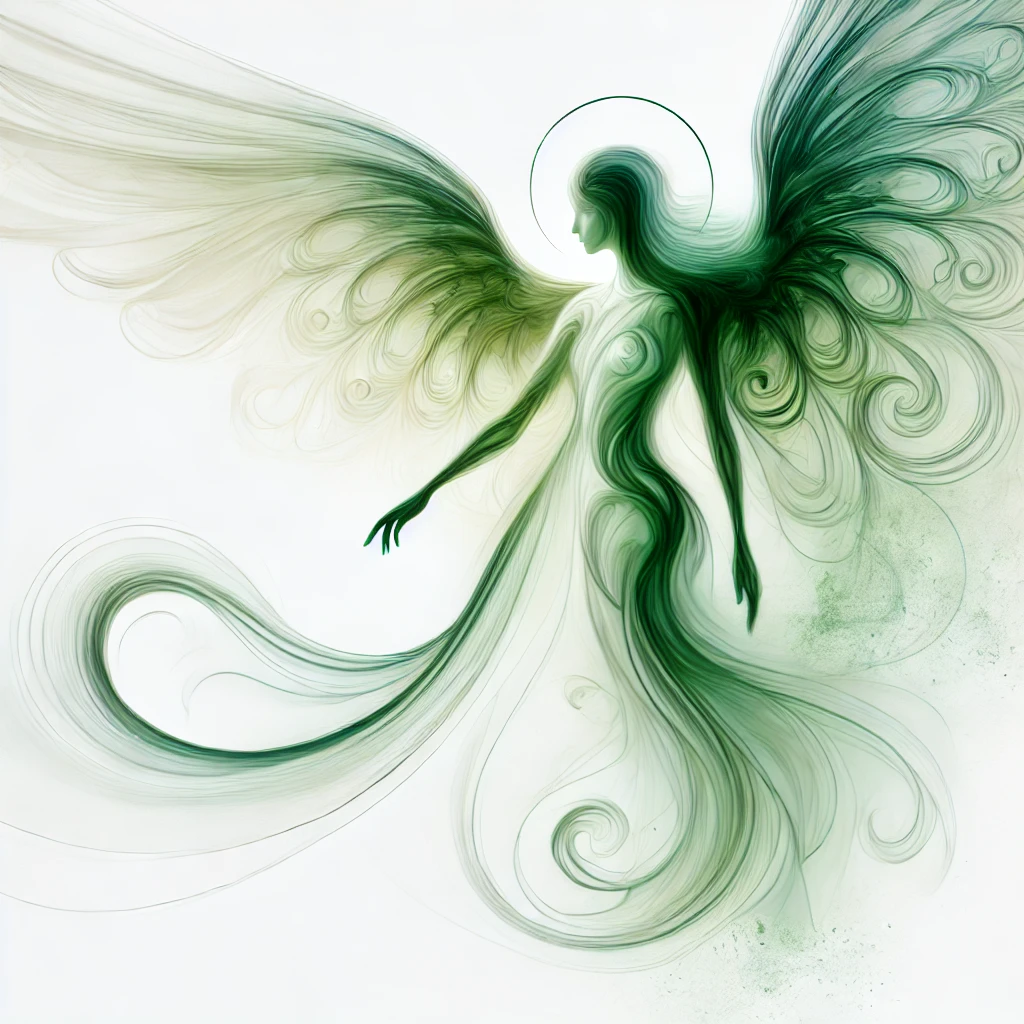 DALL·E 2024-10-14 19.43.17 - An ethereal and abstract image of Archangel Raphael, similar in style to the one provided, using healing green tones on a white background. The figure arcangel rafael